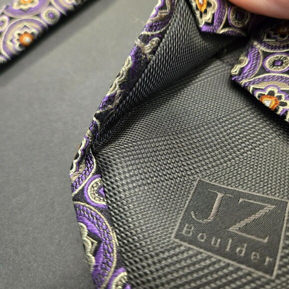 JZ Boulder X-Long Tie Purple Geometric Floral 64" x 3.5" All Silk Hand Made USA - Picture 6 of 7